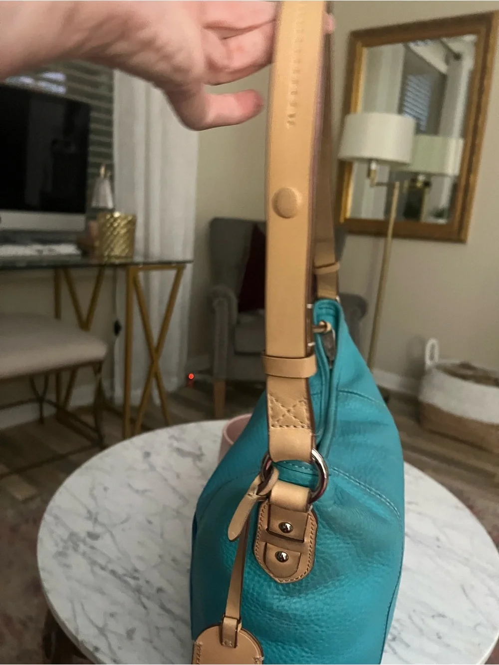 Cole Haan Teal Leather Shoulder Bag with Tan Strap